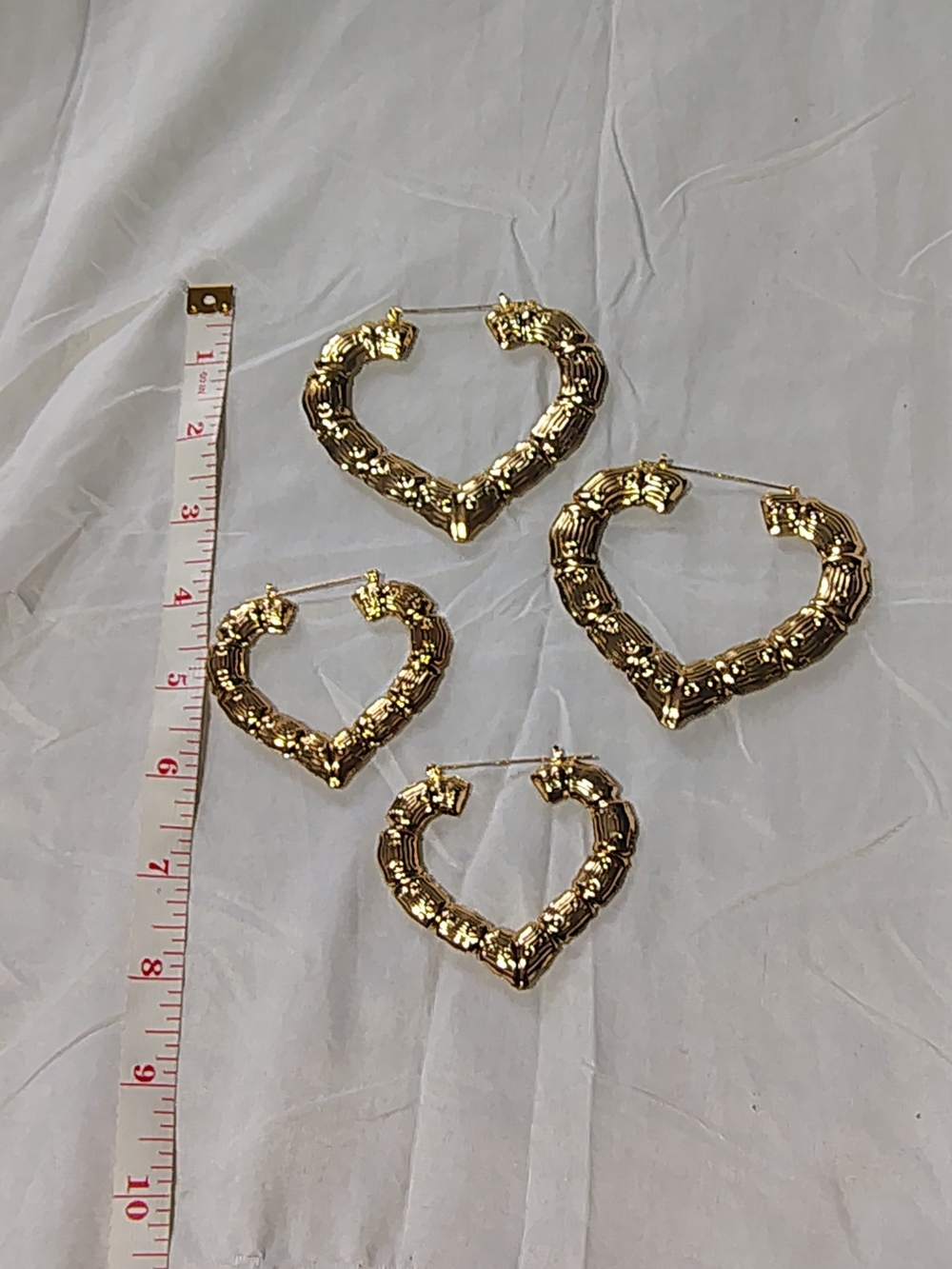 2 Pairs Of Lightweight Gold Tone Boho Bamboo Heart Shape Hoop Statement Earrings